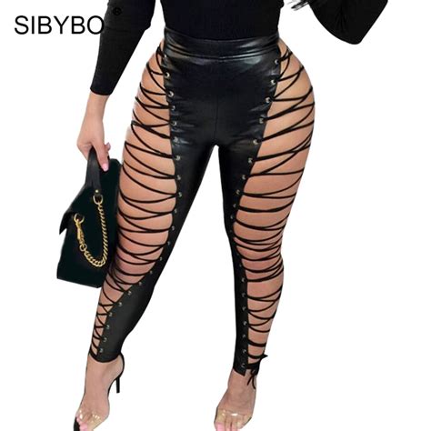 sibybo lace up hollow out pu sexy pants women fashion high waist skinny bandage women pants