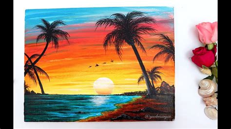 Step By Step Sunset Beach Landscape Painting For Beginners