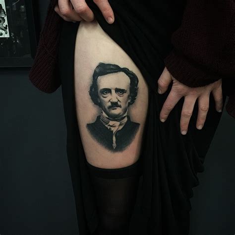 Here's a complex tattoo of edgar allan poe's portrait, along with a creepy mansion. True Goth Edgar Poe Thigh tattoo | Best Tattoo Ideas Gallery