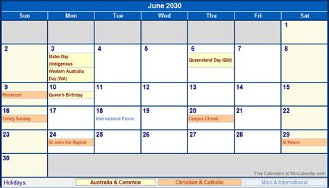 Check out june holidays, wacky times, gardening tips, and even a fun quiz! June 2030 Australia Calendar with Holidays for printing ...