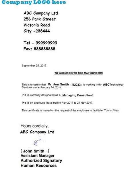 Employer Letter For Visa Sample