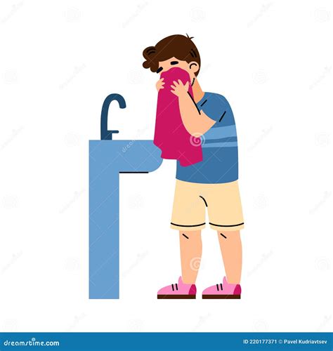 Little Boy Washing And Wiping His Face Cartoon Vector Illustration