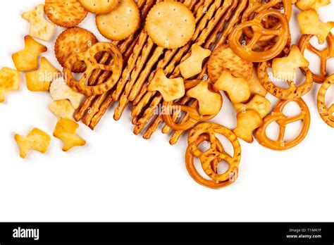 Many Salty Crackers Sticks Pretzels And Gold Fishes Shot From The