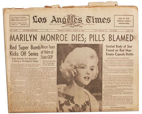 Lot Detail Marilyn Monroes Death Covered In The Los Angeles Times Of 6 August 1962