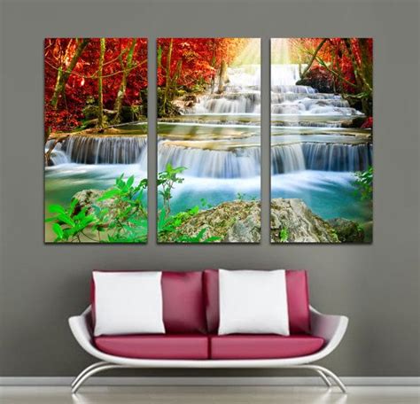 Forest Waterfall Cascade 3 Panel Split Triptych Canvas Etsy Living