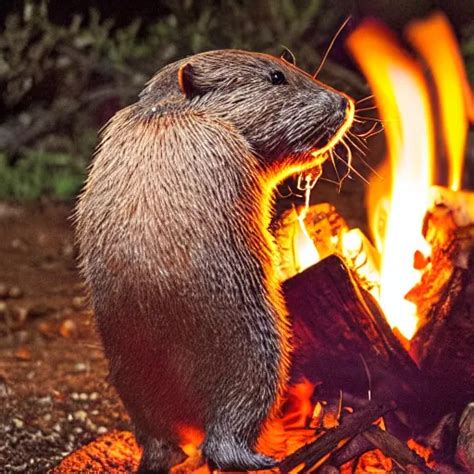 Beaver Being Spit Roasted Over A Campfire At Night Stable Diffusion