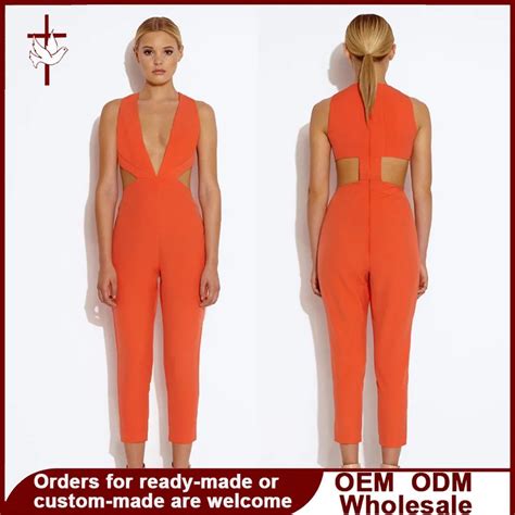 2016 autumn sexy deep v neck jumpsuits solid orange white rompers hollow out bodysuits for women