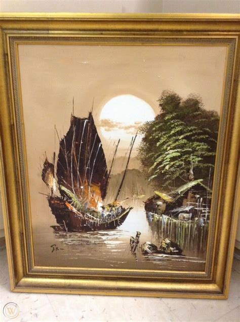 Mcm Impressionist Asian Seascape Painting Chinese Junk Boat In