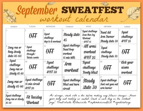September Workout Calendar Workout Calendar Workout Routines For