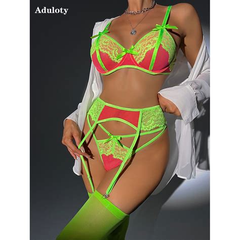 uaang women s summer thin bra fluorescent green lace patchwork mesh sexy lingerie garter belt