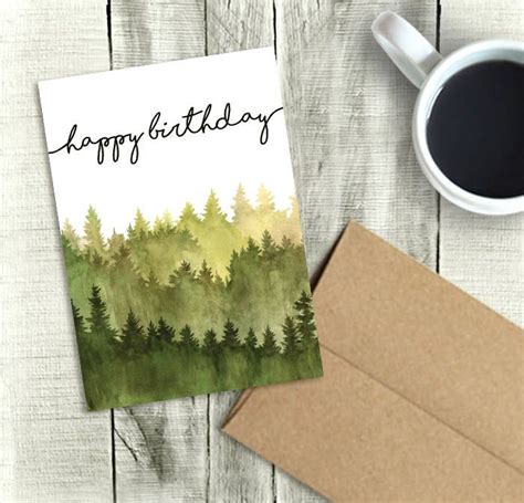 Printable Birthday Card For Him Happy Birthday Watercolor Forest Pdf