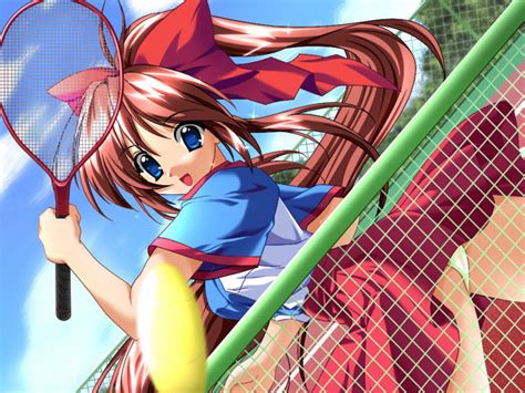 kanzaki aoi true blue game cg 00s 1girl ball blue eyes brown hair hair ribbon racket