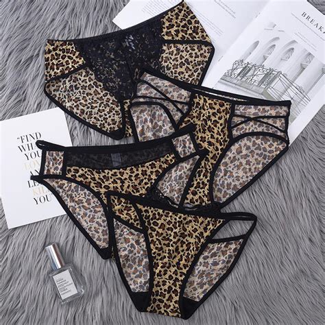 Womens Sexy Leopard Print Underwear Lace Patchwork Ice Silk Seamless