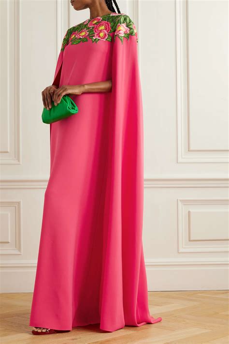 oscar de la renta camellia cape effect appliquéd tulle trimmed stretch silk gown net a porter