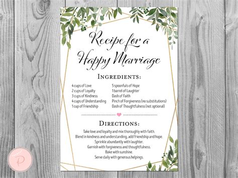 Greenery A Recipe For A Happy Marriage Printable Sign Wedding Etsy