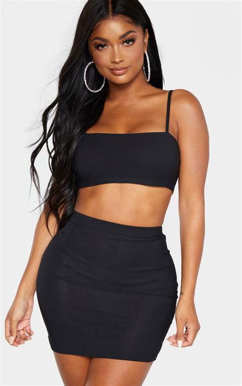 Shape Black Strappy Straight Neck Crop Top Prettylittlething Ie