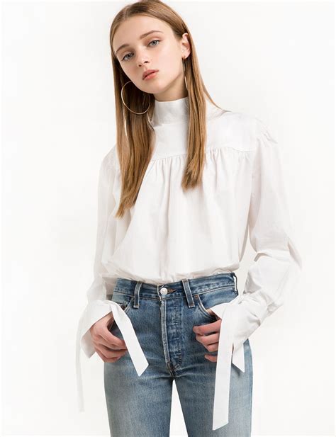 White Mock Neck Balloon Sleeve Shirt Trendy Tops For Women Blouses For