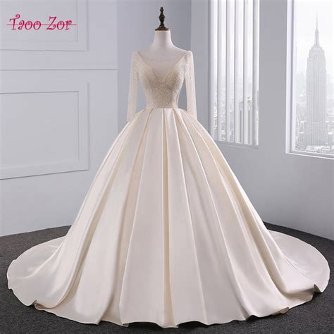 Taoozor Luxurious Light Champagne Satin Ball Gown Wedding Dress Bling