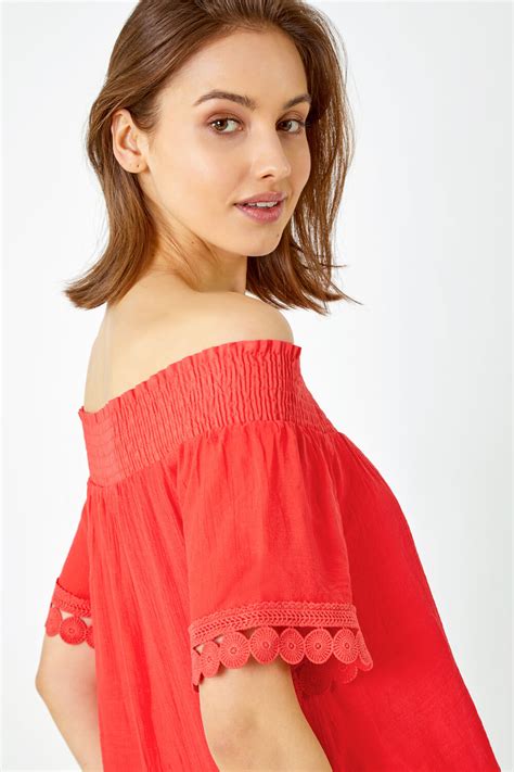 Coral Lace Detail Shirred Bardot Top Roman Uk