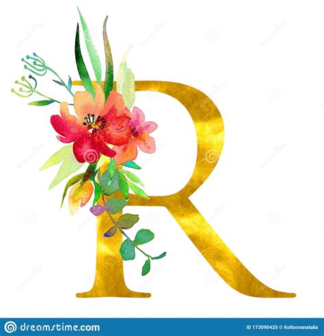 Golden Classical Form Letter R Decorated With Watercolor Flowers And