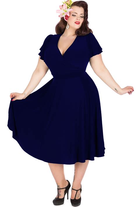 Vintage 1950s Style Plus Size Party Dresses Rockabilly Navy Blue Audrey Hepburn Swing Dress V