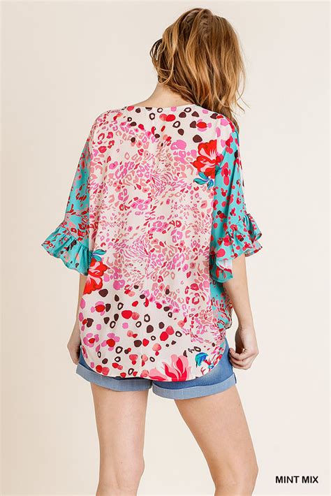 Umgee Floral Mixed Print Ruffle Sleeve Top Tops