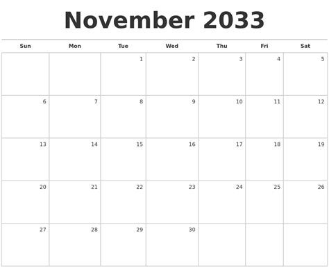 November 2033 Blank Monthly Calendar
