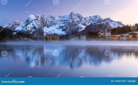 Misurina Lake On Dolomites Italian Alps Seen At Sunrise Sorapiss