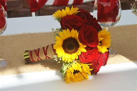 Sunflowers And Red Roses In A Bridal Bouquet Made At Your Local