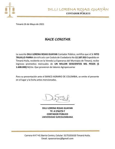 Certificado De Ingresos Expedido Por Contadora Carrera
