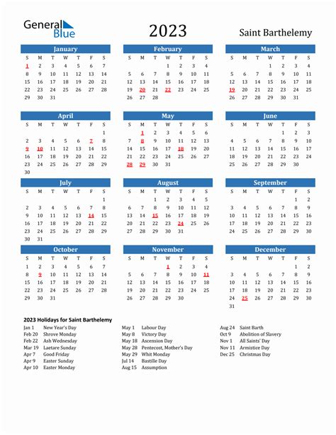 2023 Saint Barthelemy Calendar With Holidays