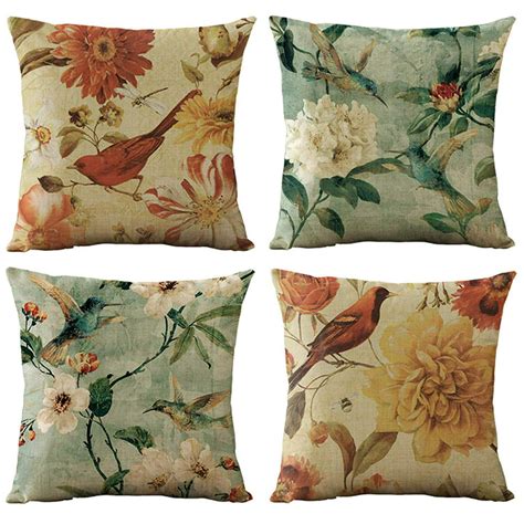 Sufam Set Of 4 Pillow Cases Vintage Flower Ethnic Bird Colorful Spring Throw Pillowcase Cover