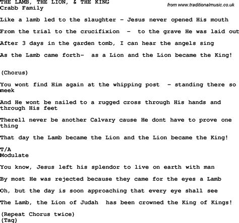 All lyrics lion king in our catalog. Country, Southern and Bluegrass Gospel Song The Lamb, The ...