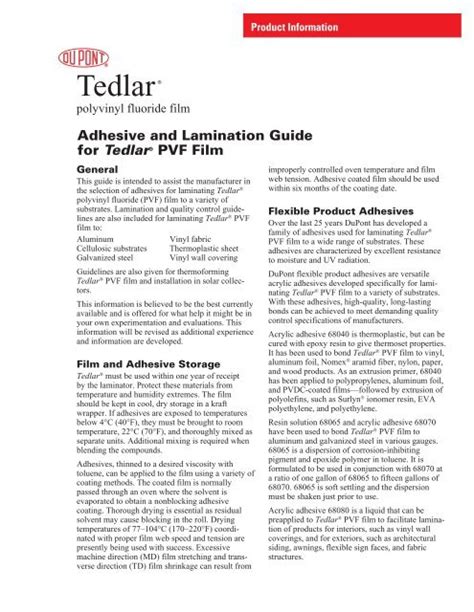 Adhesive And Lamination Guide For Tedlarr Pvf Film Dupont