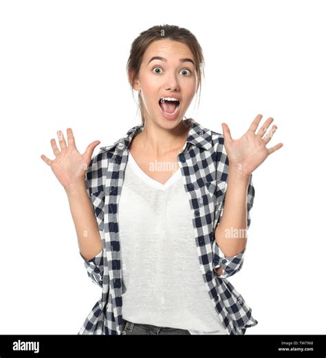 Emotional Teenager Girl On White Background Stock Photo Alamy