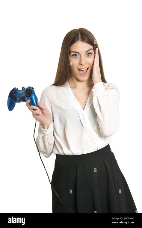 Portrait Of Woman Playing Video Game With Joystick Stock Photo Alamy