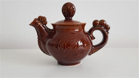 Vintage Ceramic Teapot Rooster Brown Glazed Etsy