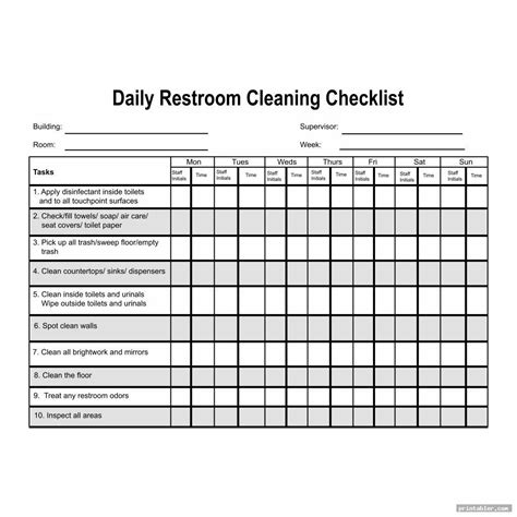 Restroom Cleaning Log Template Printable
