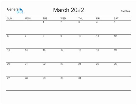 Printable March 2022 Monthly Calendar With Holidays For Serbia