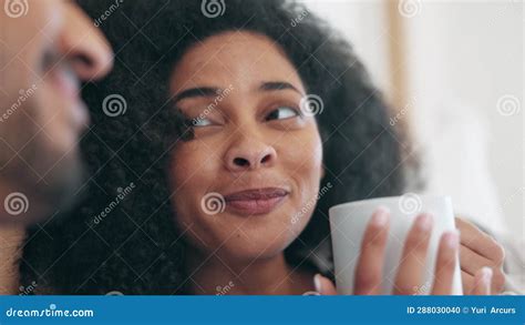 Coffee Morning And Funny Couple Laughing At Joke Together In The Morning In A Home Bedroom As