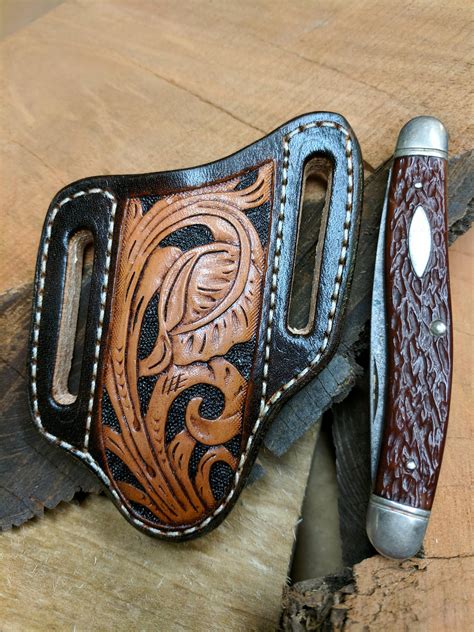 Hand Tooled Leather Knife Sheath With Western Leaf Art And Buffalo