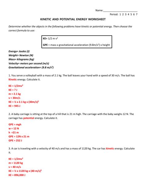 Potential And Kinetic Energy Worksheet Answer Key — Db