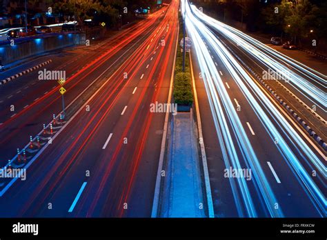 Long Exposure Photo Of Traffic With Blurred Traces From Cars Top View