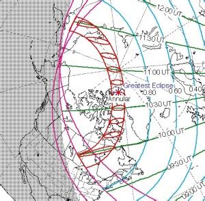 Andrew sinclair, shows the grey penumbral shadow where the eclipse will be seen as a partial one and the much smaller red umbral shadow where the eclipse will be seen as an annular one. Eclipse of June 10, 2021 | OneTubeRadio.com