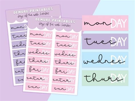 Weekday Header Printable Planner Stickers For Vertical Etsy