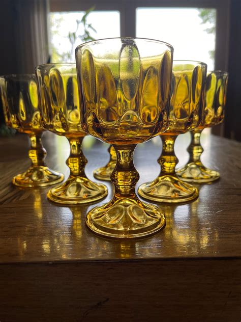 Vintage Hazel Atlas El Dorado Amber Thumbprint Goblet Wine Glass Set Of