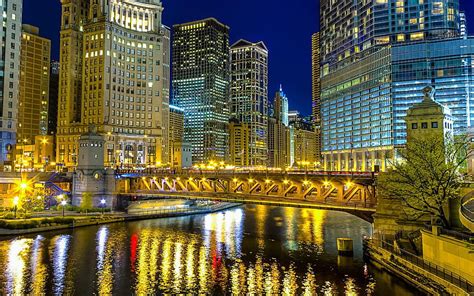 Chicago Illinois Architecture Buildings Skyscraper Night Lights Hd