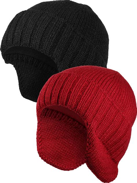 2 Pieces Winter Mens Knit Earflap Hat Beanie Hat Stocking Caps Warm