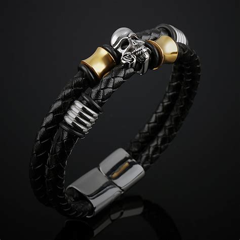 Popular Skull Bracelets For Men Genuine Leather Bracelet With Steel