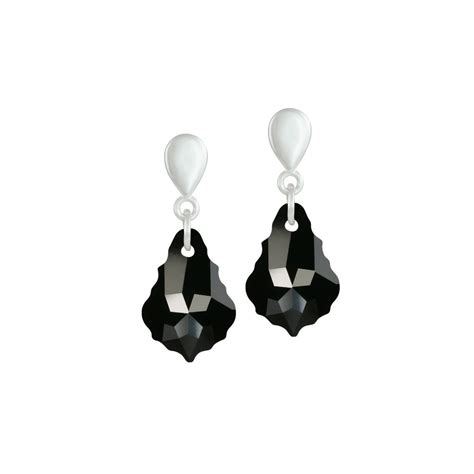 Baroque Jet Black Swarovski Crystal Drop Pierced Earrings Silver
